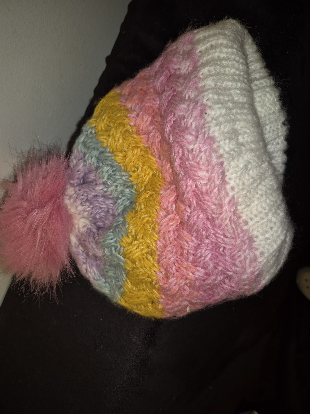 Kids Multicolor Knit Pom Beanie - Pink, White & Yellow